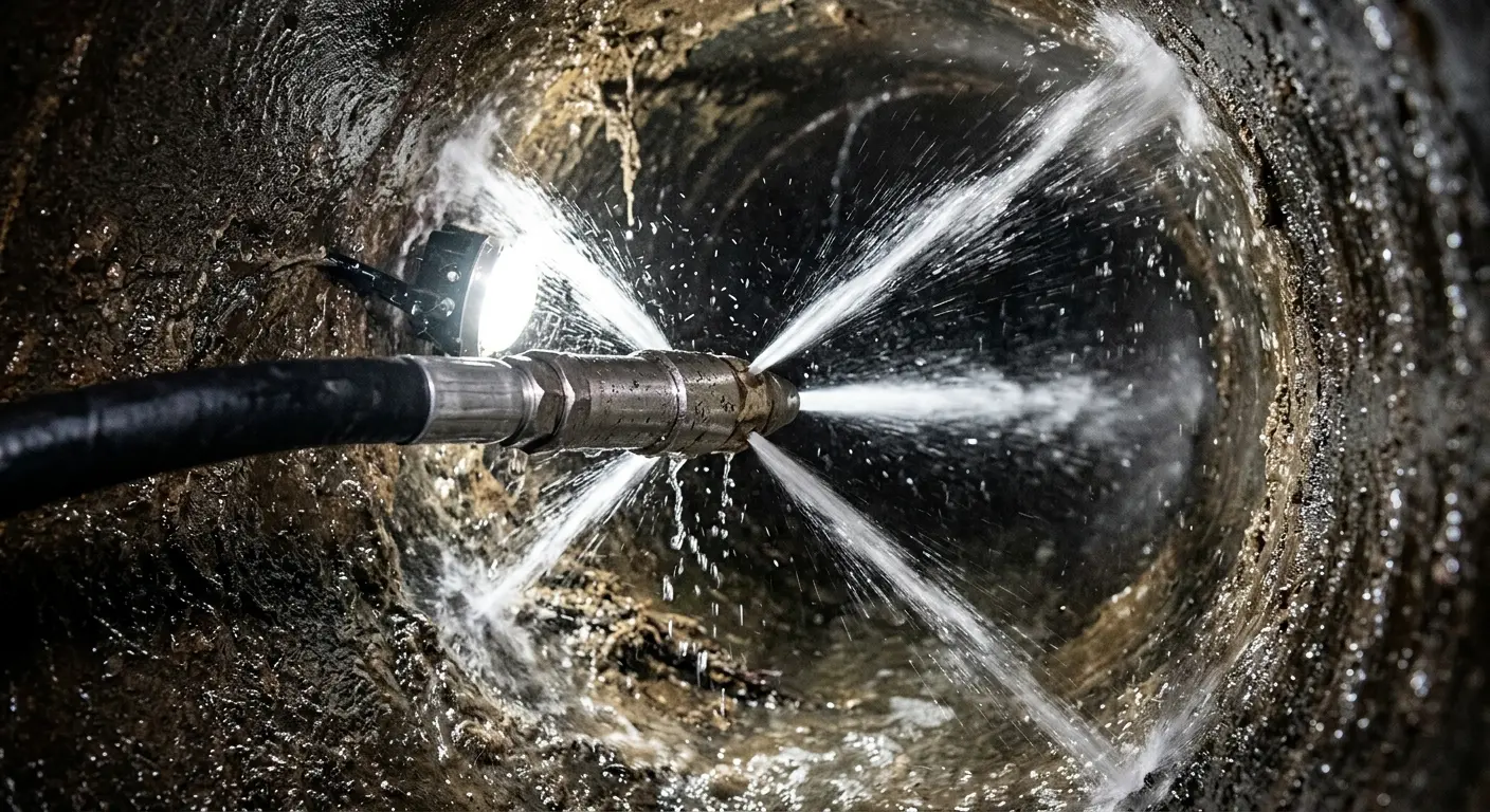 High-pressure hydro jetting nozzle cleaning sewer pipe for Trenchless Sewer Repair in Jessup