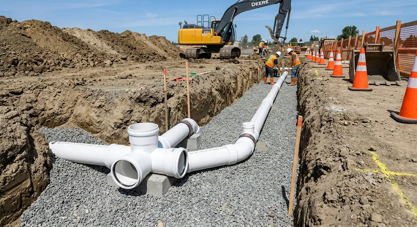 New PVC sewer pipe installation in open trench for Commercial Drain Cleaning in Jessup