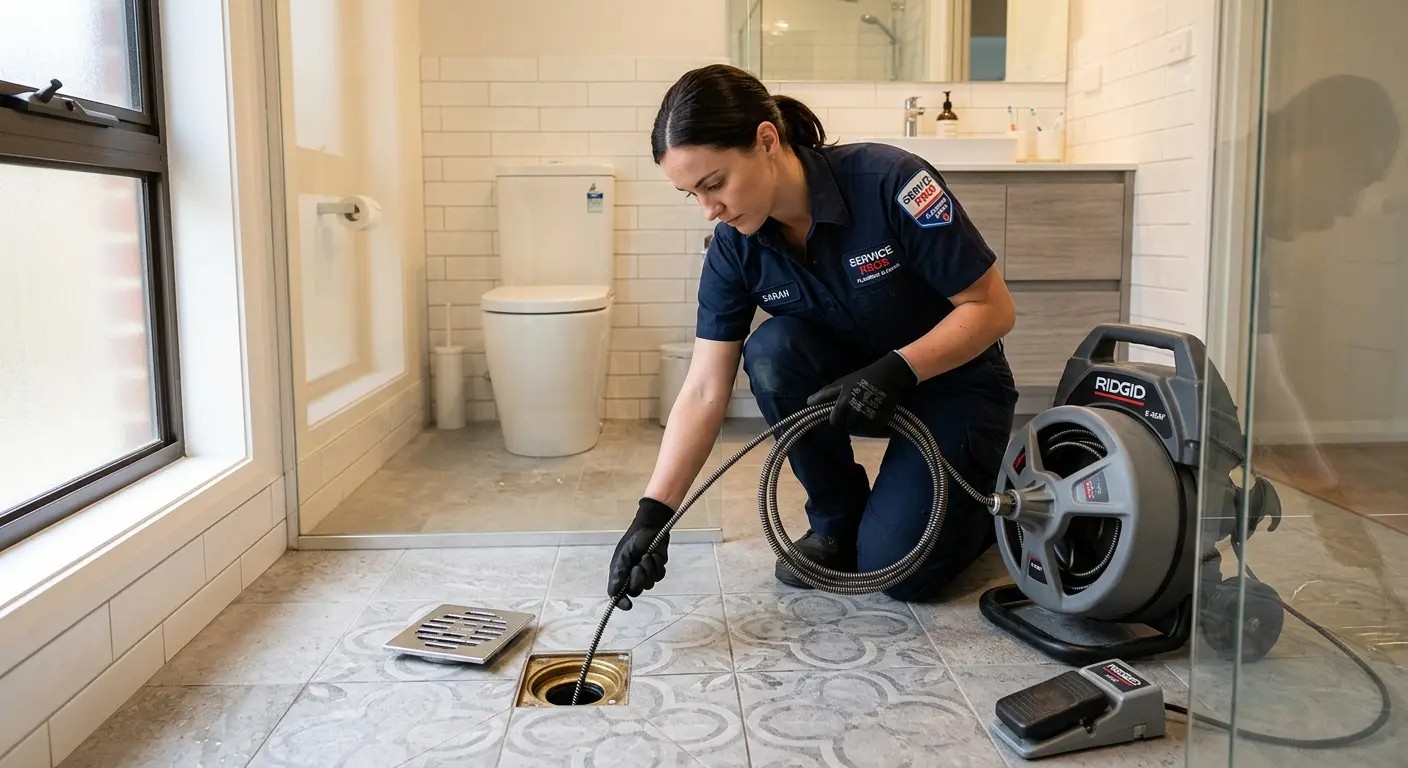Technician clearing a bathroom floor drain for Hydro Jetting in Jessup